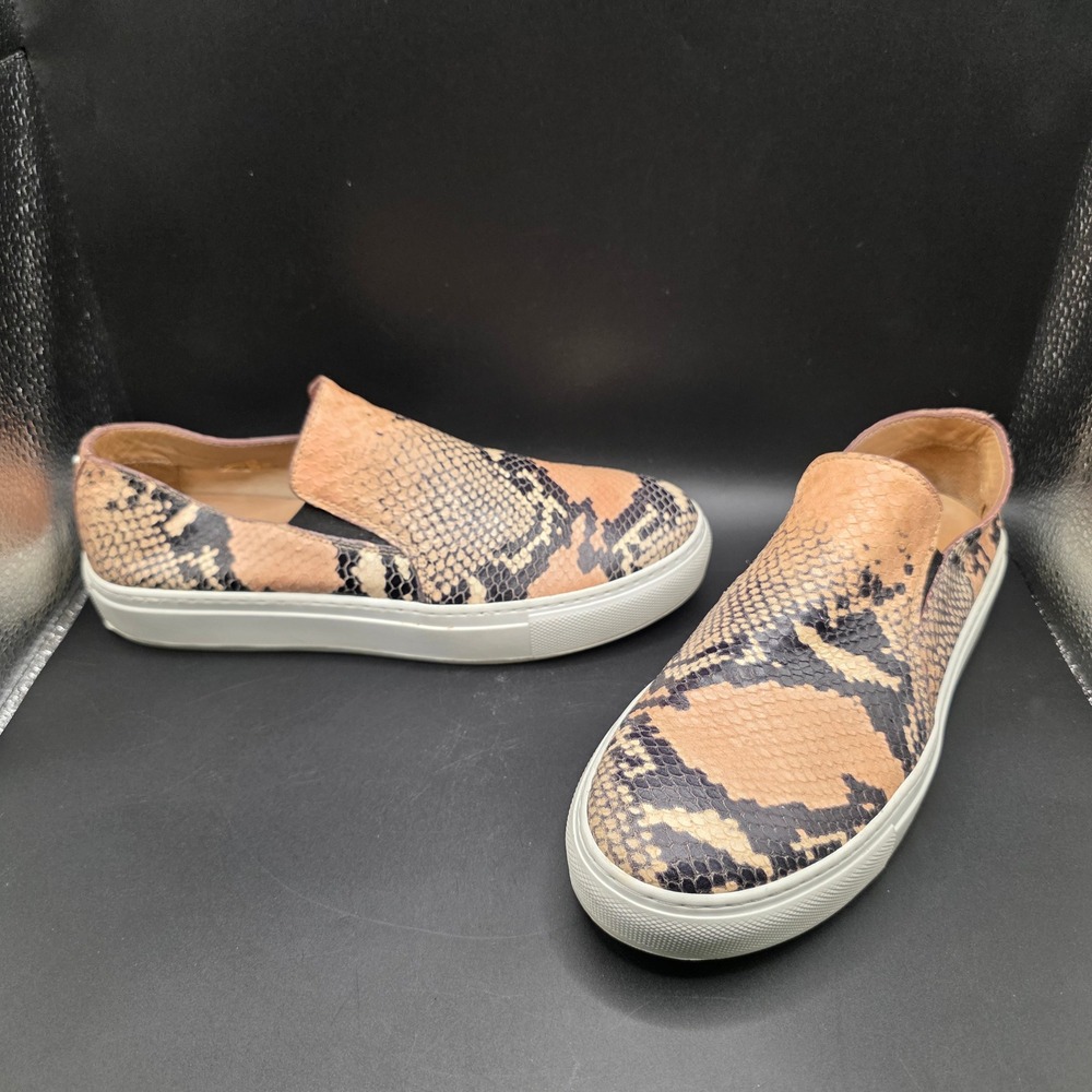 Aquatalia Women 7 Snakeskin Embossed Leather Slip On Sneakers Tan Black 432572